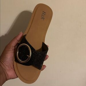 H2K Black Slide Sandals with Gold Accent